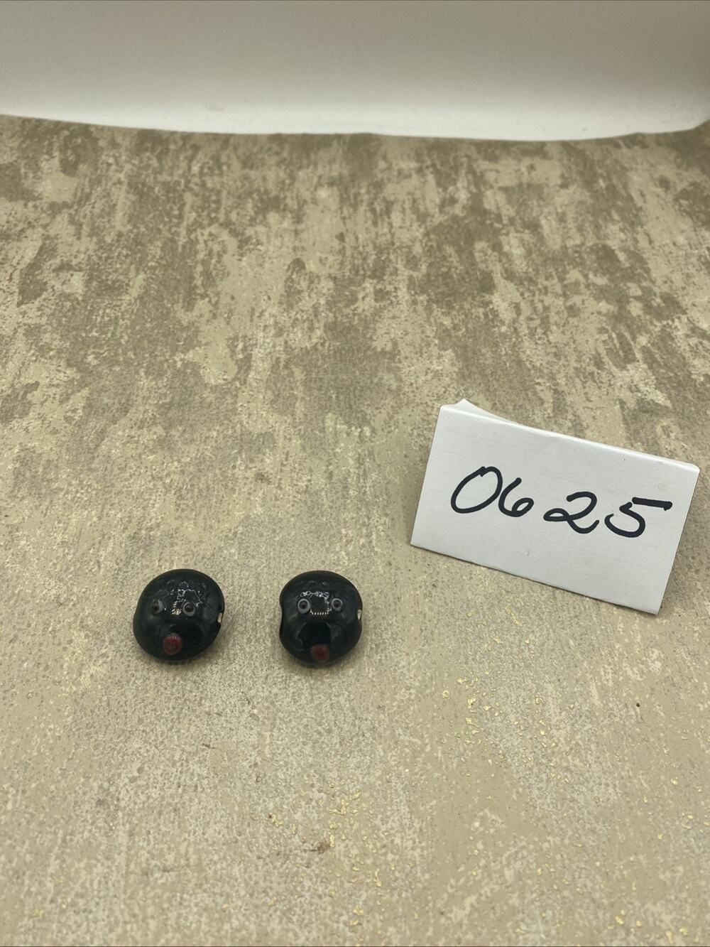 2-Antique Venetian African Trading Beads-Black Glass With Eyes, Hair, Mouth 3/4”